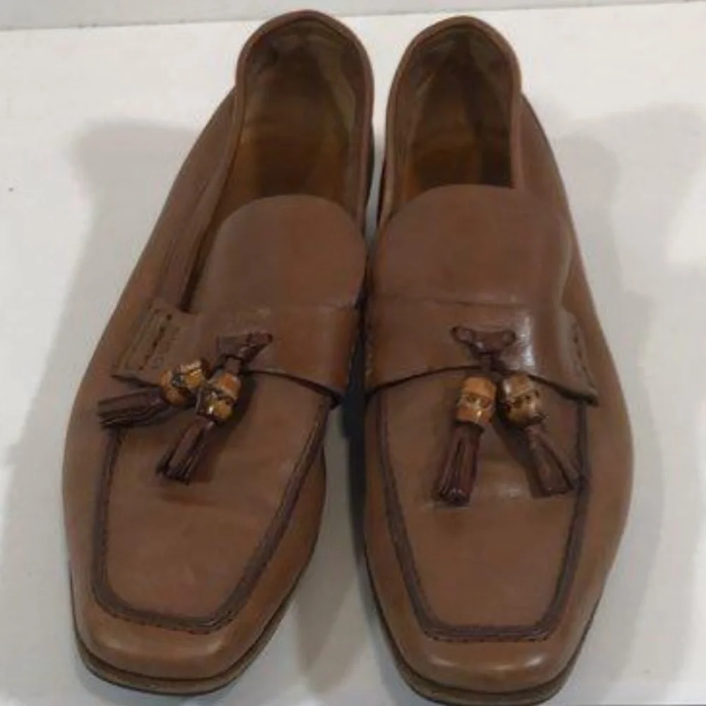 Men’s Gucci Dark Tan Leather Tassel Slip On Loafers Size 8.5D